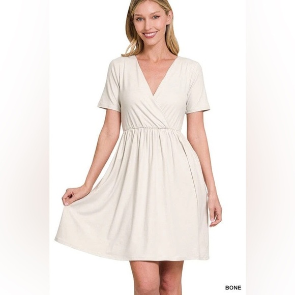 Zenana Outfitters Dresses & Skirts - Zenana Off White Short Sleeve Surplice Brushed DTY Buttery Soft Dress Size Large